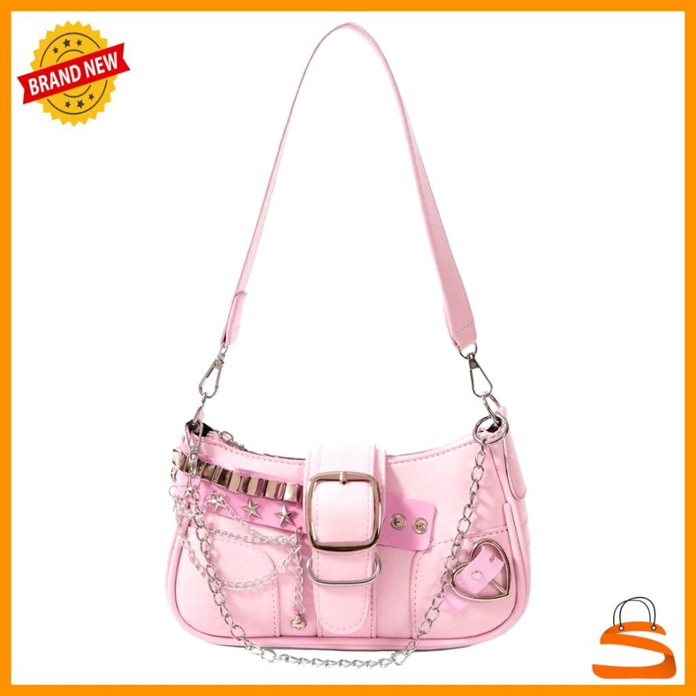 Y2K Coquette Shoulder Bag with Chain Strap, Faux Leather Hobo Handbag